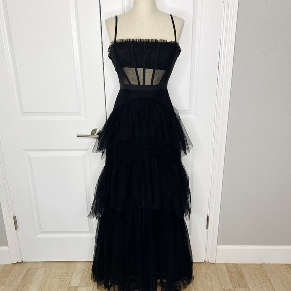 Betsy & Adam Tiered Tulle Ruffle Gown Size 2 Black Maxi Dress Corset - Picture 7 of 14